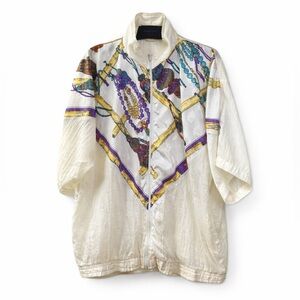 FOZY NY Vintage 80s 90s Cream Purple Bomber Windbreaker Track Jacket M